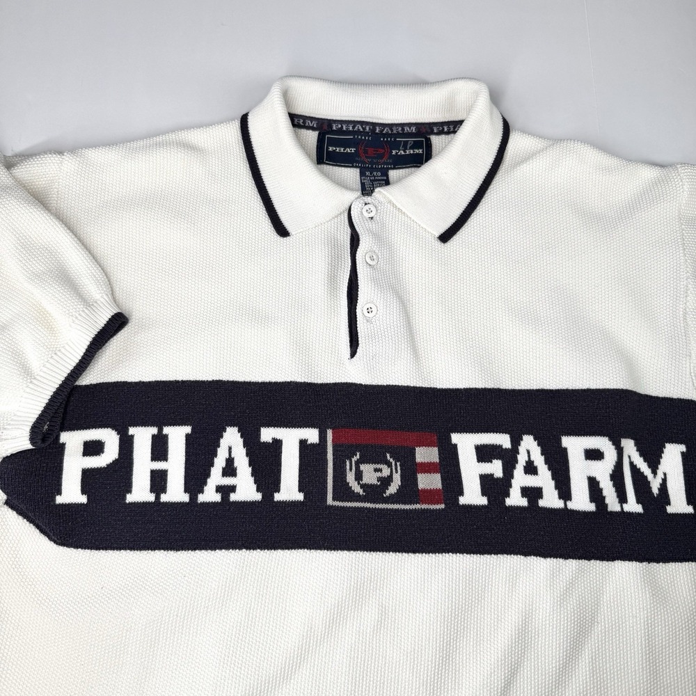Vintage Y2K Phat Farm Knit Sweater Short Sleeve Men's Sz XL  Big Logo Spell Out